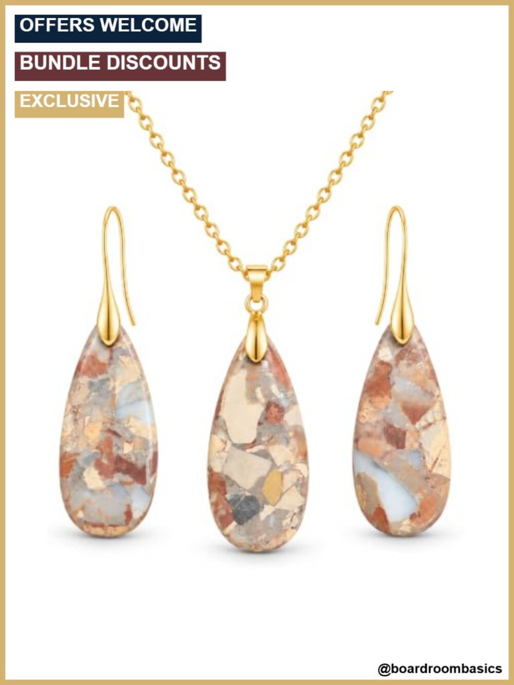 Gold Tone Imperial Jasper Teardrop Necklace & Earrings Set Bohemian
